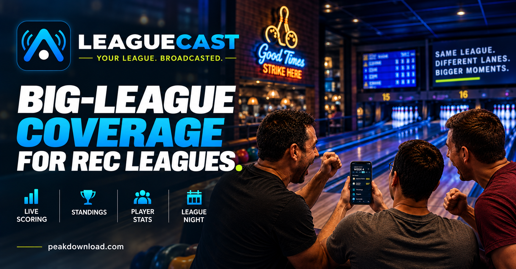 LeagueCast — Big-league coverage for rec leagues, with live scoring, standings, player stats, and league night