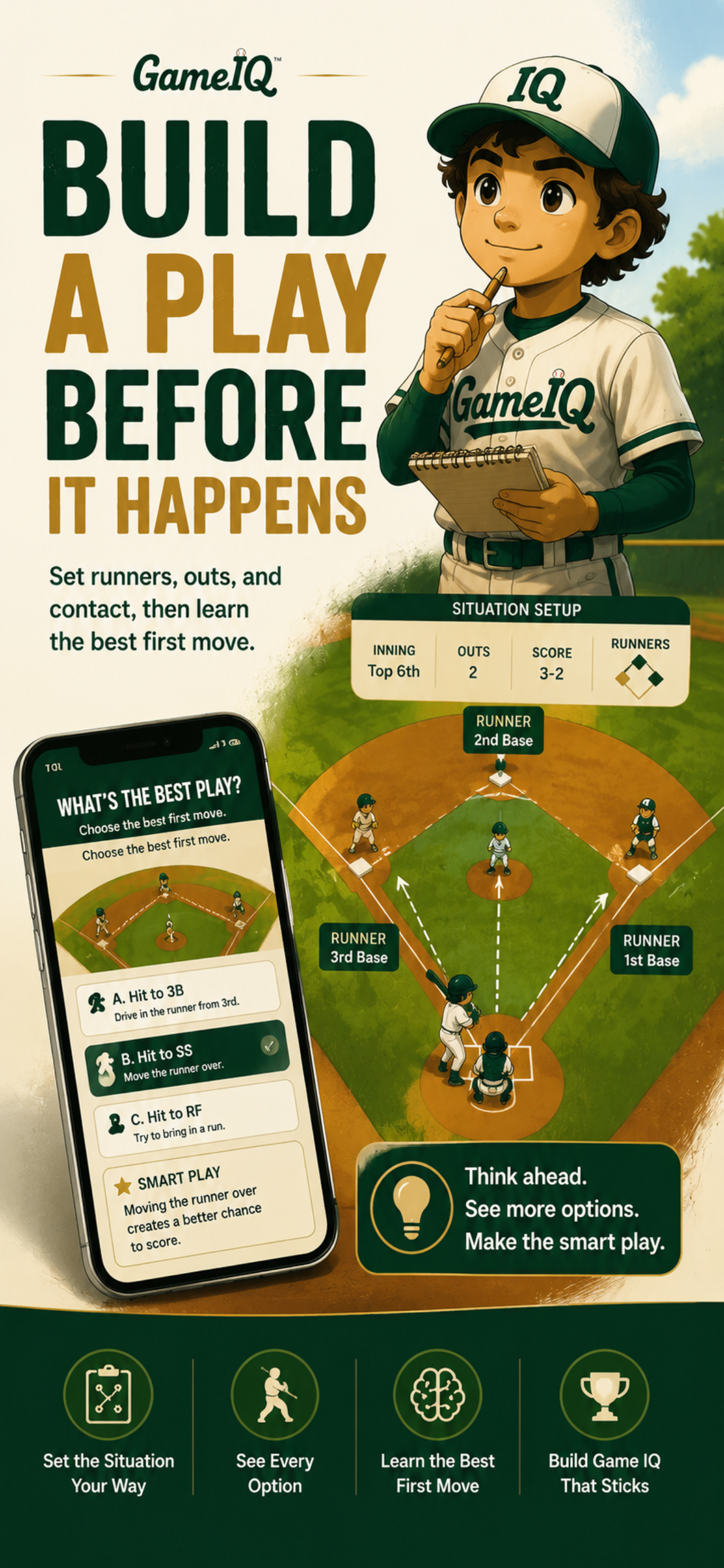 Game IQ practice situation showing a baseball play and the choices a player can make